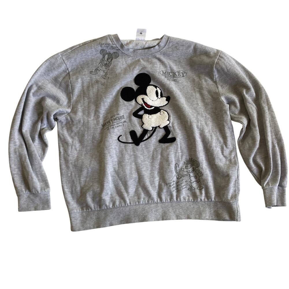Walt Disney Sweatshirt XL Gray Mickey Mouse Embroidered Pullover Crewneck Fleece